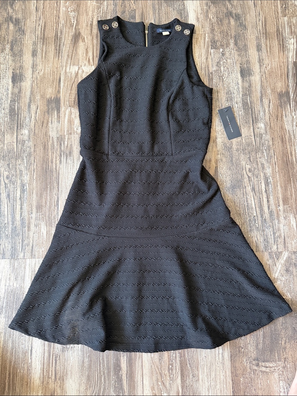 Tommy Hilfiger Black Sleeveless Textured Fit-and-Flare Dress with Gold Buttons